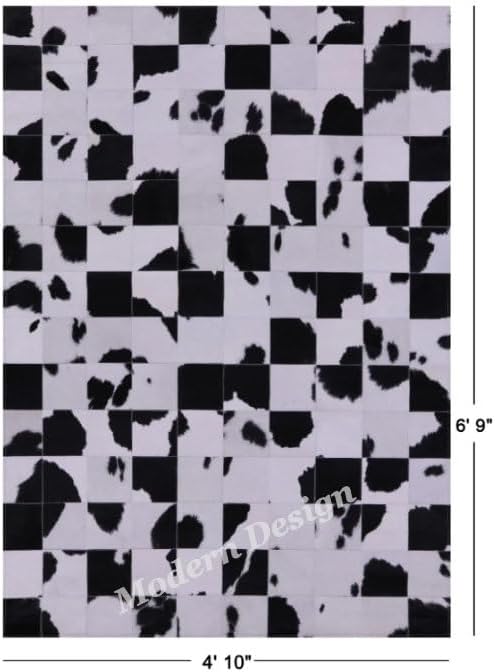 Modern Design Premium Cowhide Leather Carpet with Chevron Pattern, Area Rug (Black/White, 6x9)