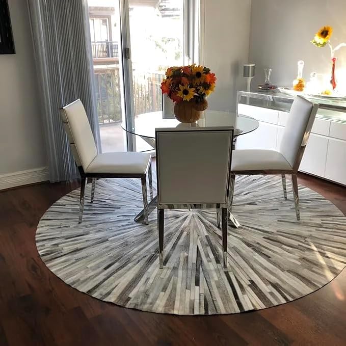 Faux Cowhide Round Area Rug | Non-Slip Leather Floor Carpet for Living Room, Bedroom, and Home Décor | Modern Stylish Accent Rug(Grey_6x6)