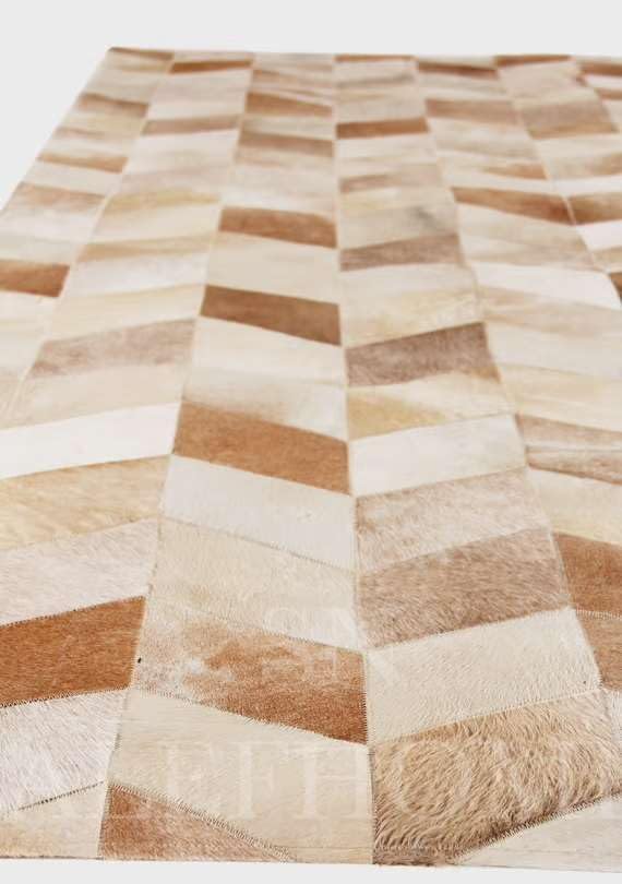 Faux Cowhide Chevron Pattern Area Rug – Beige Geometric Leather Carpet | Modern Durable Floor Accent for Living Room, Bedroom, Dining Room & Office | Size 8x10 ft