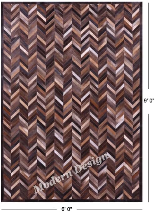 Modern Design Premium Cowhide Leather Carpet with Chevron Pattern, Area Rug (Natural Multi Brown, 3x14)