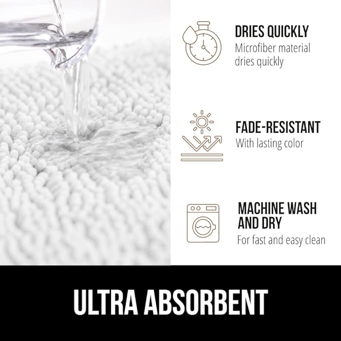 GORILLA GRIP Bath Rug Mat 70x24, Thick Soft Absorbent Chenille, Quick Dry Microfiber Mats, Rubber Backing Washable Shower Floor Rugs, Bathmat Runner, US Designed Bathroom Home Decor Accessories White