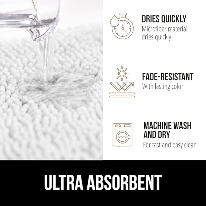 GORILLA GRIP Bath Rug Mat, Thick Soft Absorbent Chenille, Quick Dry Microfiber Mats, Rubber Backing Washable Shower Floor Rugs, US Designed Bathroom Bathmat Home Decor Accessories, 24x17, White