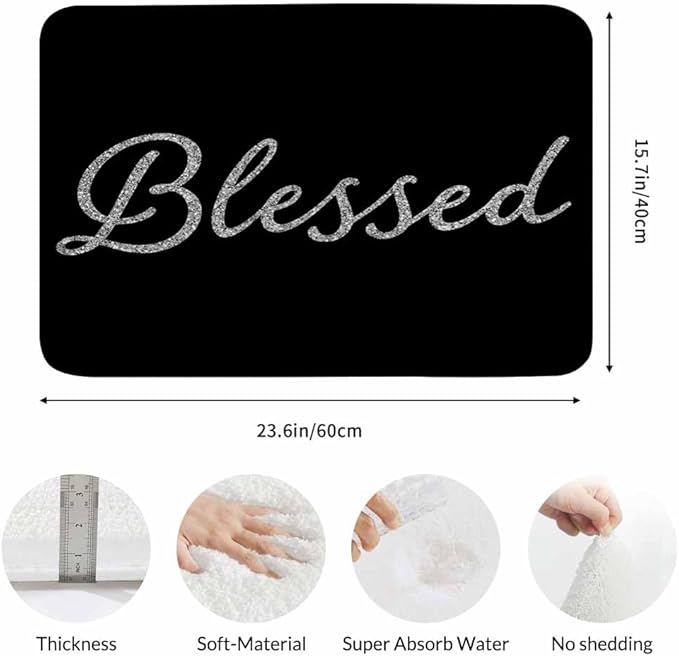 Black Glitter Blessed Bath Mat for Bathroom Bible Verse Blessed Bath Rugs Door Mat Non Slip Rubber Backed Bathroom Floor Mat for Bathtub Sink Shower 16"X24"
