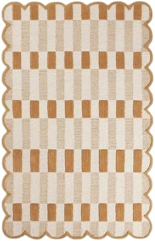 Woven Area 8x10 ft – Soft Textured Checkered Pattern with Scalloped Border – Large Decorative Rug for Living Room, Bedroom & Home Interior