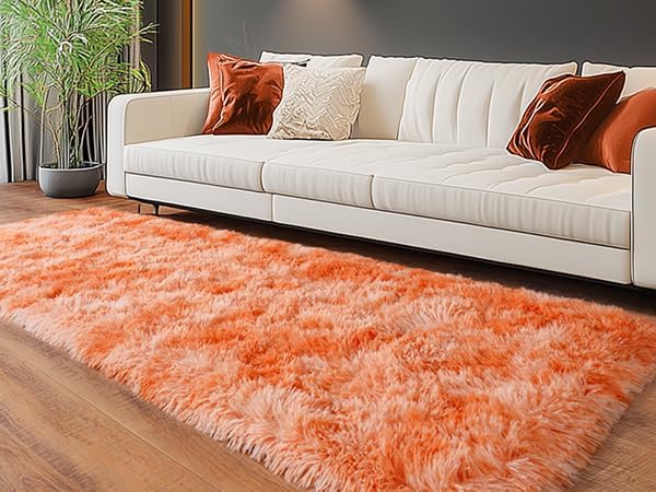 Fluffy Area Rugs for Living Room, Soft Shaggy Carpets for Living Room, Upgrade Anti-Slip Fuzzy Rugs for Kids' Room, Perfect Decor for Modern Home Tie Dye Orange 2x6Feet