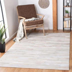 Premium Cowhide Leather Striped Area Rug, 6x9 ft, Beige, Contemporary Style, Hand-tufted, Indoor Use, Dining Room, 17.6 lbs