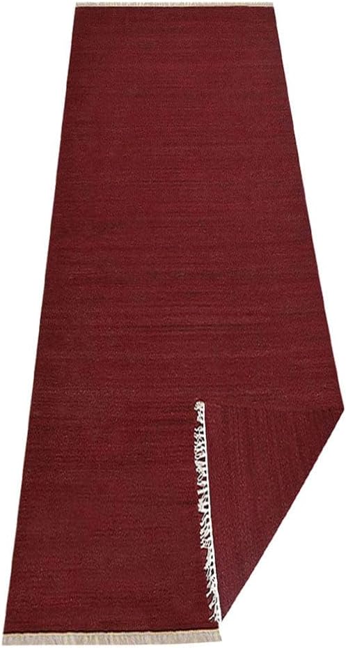 Rugsotic Carpets Hand Woven Flat Weave Kilim Wool ECO-Friendly Area Rugs - 2'6''x10', Runner Shape, Dark Red Color, Solid Plain Design, Low Pile Handmade Rugs for Living Room, Bed Room (D00111)