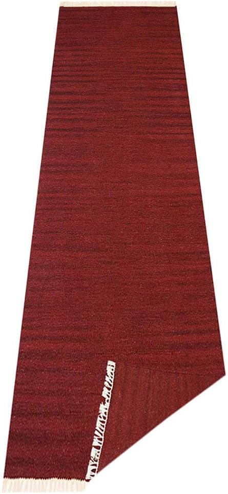 Rugsotic Carpets Hand Woven Flat Weave Kilim Wool ECO-Friendly Area Rugs - 2'6''x12', Runner Shape, Burgundy Color, Solid Plain Design, Low Pile Handmade Rugs for Living Room, Bed Room (D00111)