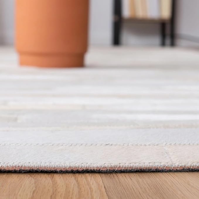 Cowhide Leather Carpets for Living Room 8x10 Natural Leather Area Rug Modern Stripes Style Floor Carpet for Home Decor | Superior Indoor Area Rug, Washable Rug White