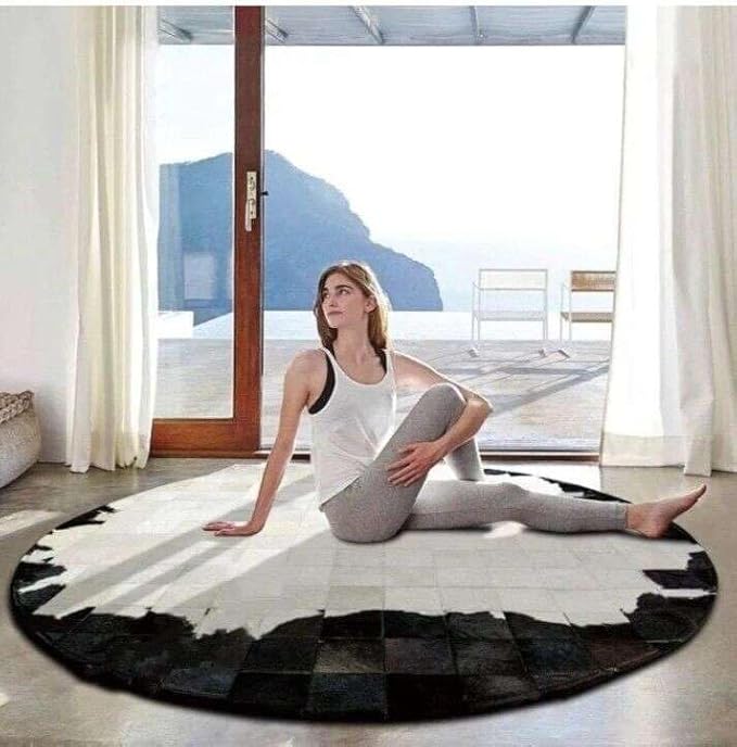 Round Geometric Patchwork Cowhide Leather Area Rug | Washable Non-Slip Carpet for Living Room, Bedroom & Home Décor(8x8 ft_White & Black)