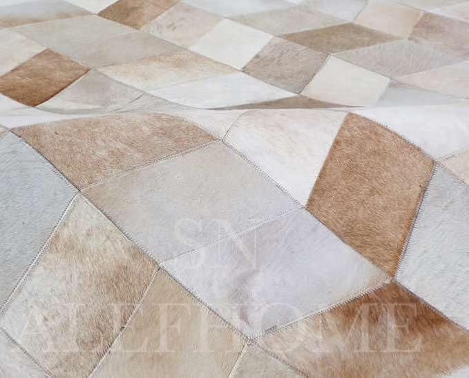 Faux Cowhide Chevron Pattern Area Rug – Beige Geometric Leather Carpet | Modern Durable Floor Accent for Living Room, Bedroom, Dining Room & Office | Size 4x6 ft