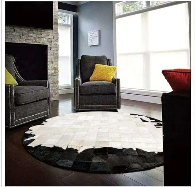 Round Geometric Patchwork Cowhide Leather Area Rug – Washable Non-Slip Modern Carpet for Living Room, Bedroom, Office & Home Décor, Faux Cowhide Accent Rug (Black & White, 5×5ft)