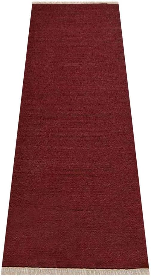 Rugsotic Carpets Hand Woven Flat Weave Kilim Wool ECO-Friendly Area Rugs - 3'x13', Runner Shape, Dark Red Color, Solid Plain Design, Low Pile Handmade Rugs for Living Room, Bed Room (D00111)