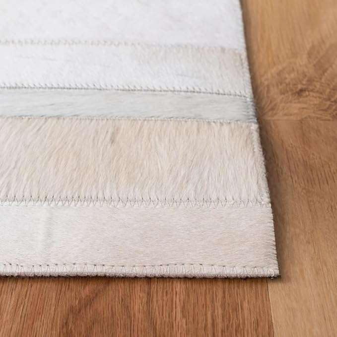 Premium Cowhide Leather Striped Area Rug, 6x9 ft, Beige, Contemporary Style, Hand-tufted, Indoor Use, Dining Room, 17.6 lbs