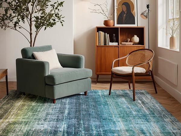 Kokia Abstract Area Rugs 9x12 Bedroom Washable Decor Low Pile Non-Slip Non-Shedding Indoor Blue Carpet Foldable Stain Resistant Floor Living Room Dining Room, Oslo Teal