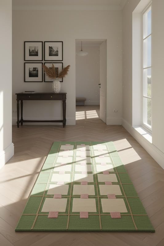 Greer Wool Area Rug - Soft Hand-Tufted Geometric Design with Pink and Green Color Palette, Perfect for Modern Home Decor (2.5x9 Ft)