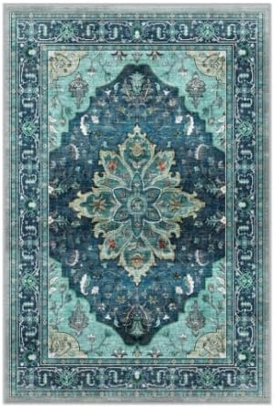 Area Rugs 2'x7' Washable Non-Slip, Floral Vintage Distress Print Pattern Medallion Carpet for Living Room Bedroom Dining Room, Teal Green Lake Blue Turquoise