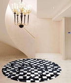 Sn Alef Home Black & White Round Rug | Checkered Floral Designer Carpet for Living Room | Handcrafted Circular Floor Mat for Home Decor & Meditation Space(6x6)