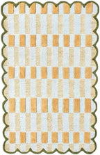 Handmade Woven Area Rug 5 x 8 ft with Scalloped Border, Cream and Mustard Checkered Pattern, Soft Decorative Rug for Living Room, Bedroom, Nursery