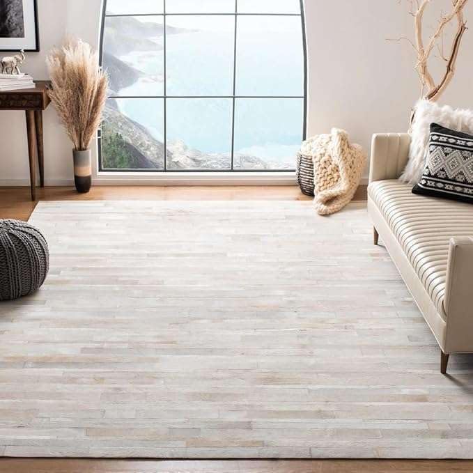 Cowhide Leather Rug for Living Room 9x12 Natural Leather Rug Modern Stripes Style Floor Carpet for Home Decor | Superior Indoor Area Rug White