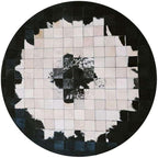 Round Black & White Cowhide Leather Area Rug – Modern Geometric Circle Carpet for Bedroom, Living Room, Dining, or Office – Soft, Non-Slip, Washable Accent Floor Rug | 4x4 ft