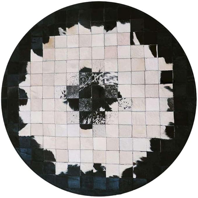 Round Black & White Cowhide Leather Area Rug – Modern Geometric Circle Carpet for Bedroom, Living Room, Dining, or Office – Soft, Non-Slip, Washable Accent Floor Rug | 5x5 ft