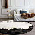 Round Geometric Patchwork Cowhide Leather Area Rug – Washable Non-Slip Modern Carpet for Living Room, Bedroom, Office & Home Décor, Faux Cowhide Accent Rug (Black & White, 10×10ft)