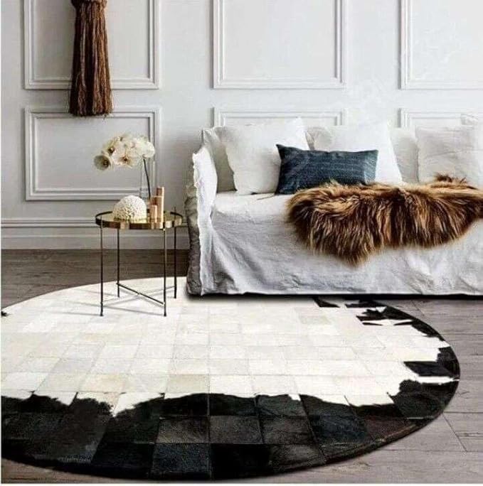 Round Geometric Patchwork Cowhide Leather Area Rug | Washable Non-Slip Carpet for Living Room, Bedroom & Home Décor(9x9 ft_White & Black)