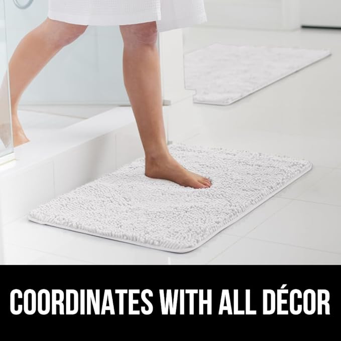 GORILLA GRIP Bath Rug Mat, Thick Soft Absorbent Chenille, Quick Dry Microfiber Mats, Rubber Backing Washable Shower Floor Rugs, US Designed Bathroom Bathmat Home Decor Accessories, 24x17, White