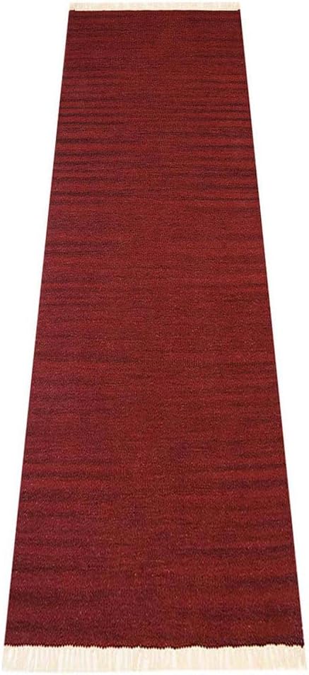Rugsotic Carpets Hand Woven Flat Weave Kilim Wool 3'x13' Runner Area Rug Solid Burgundy D00111