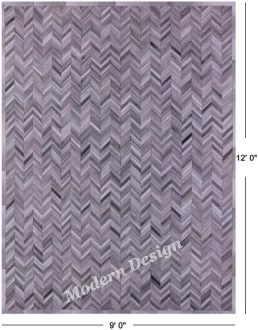 Modern Design Premium Cowhide Leather Carpet with Chevron Pattern, Area Rug (Natural Multi Grey, 3x14)