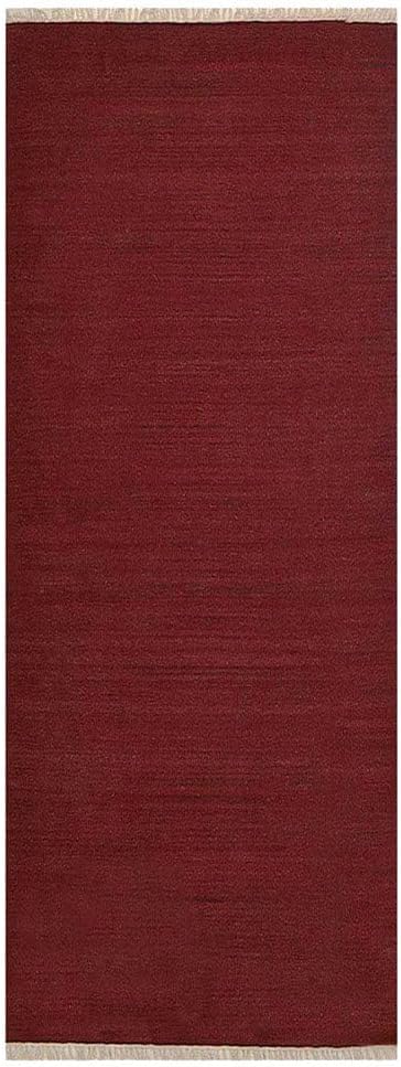 Rugsotic Carpets Hand Woven Flat Weave Kilim Wool ECO-Friendly Area Rugs - 3'x13', Runner Shape, Dark Red Color, Solid Plain Design, Low Pile Handmade Rugs for Living Room, Bed Room (D00111)