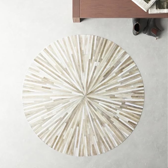 Faux Cowhide Round Area Rug | Non-Slip Leather Floor Carpet for Living Room, Bedroom, and Home Décor | Modern Stylish Accent Rug(Beige_6x6)