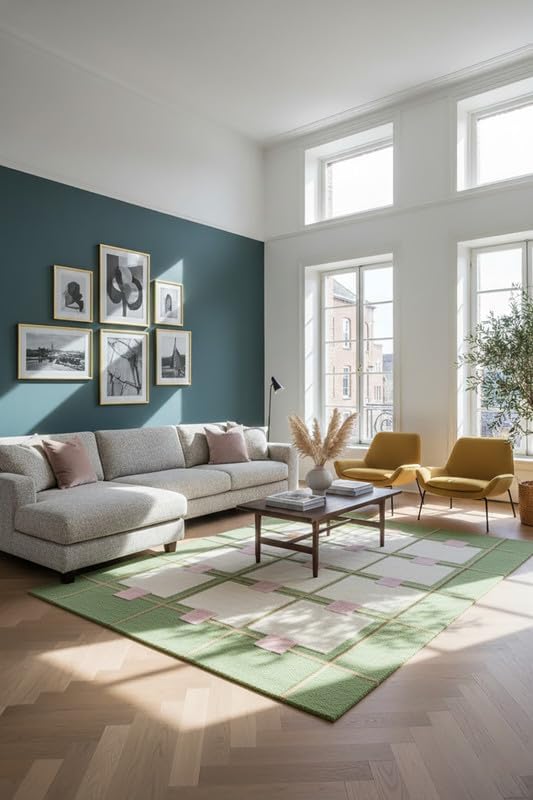 Greer Wool Area Rug - Soft Hand-Tufted Geometric Design with Pink and Green Color Palette, Perfect for Modern Home Decor (5x8 Ft)