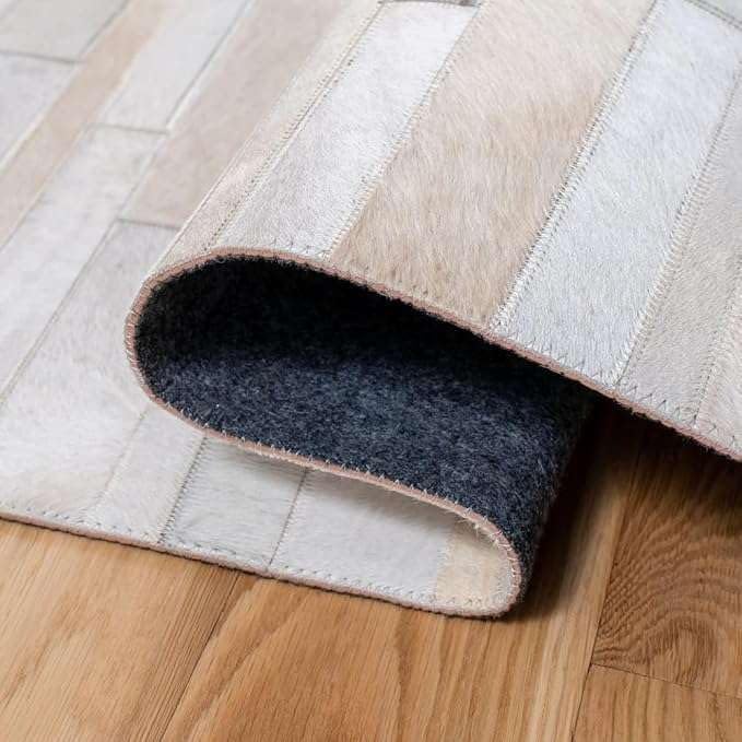 Premium Cowhide Leather Striped Area Rug, 6x9 ft, Beige, Contemporary Style, Hand-tufted, Indoor Use, Dining Room, 17.6 lbs