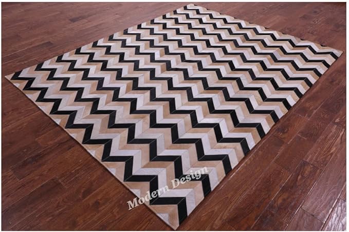 Modern Design Premium Cowhide Leather Carpet with Chevron Pattern, Area Rug (Beige/Black/Grey/Ivory, 3x10)