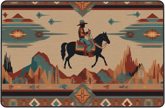 Horse Western Boho Ethnic Style Area Rug Washable Outdoor Rugs Anti-Slip Soft Carpet Entryway Indoor Door Mat for Bedroom,Living Room,Porch,Terrace and Entrance Decor 2'x 1'