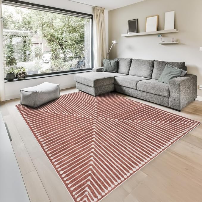 GLN Rugs Contemporary Collection - Machine Washable Area Rug, Contemporary Washable, Non Slip, Low Pile Chenille Rug, Living Room, Bedroom, Kitchen Rug (9' x 12' Beige Orange)