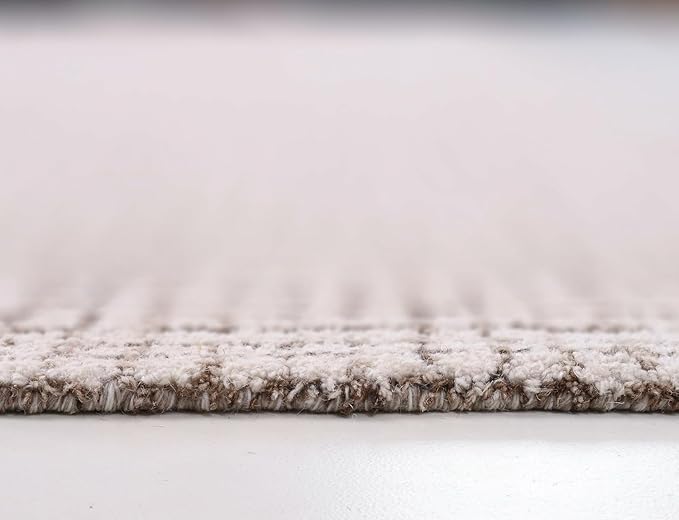 Hand-Tufted 100% Wool Pile Area Rug – Geometric Textured Grid Check Pattern – Thick and Durable Floor Carpet for Bedroom, Living Room, Kids Room, and Dining Area (Ivory-Brown, 9' x 13')