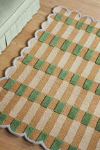 Handmade Scalloped Wool Area Rug - Modern Geometric Pattern, Green-Beige Stripes, Checkered Chevron Design - Soft, Durable Thick Carpet for Living Room, Bedroom (Green, 9' x 12')