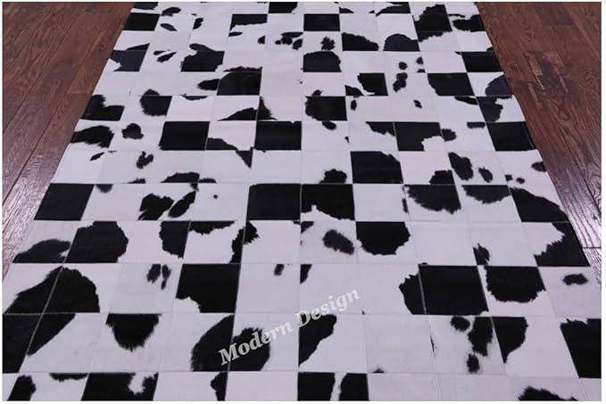 Modern Design Premium Cowhide Leather Carpet with Chevron Pattern, Area Rug (Black/White, 3x12)