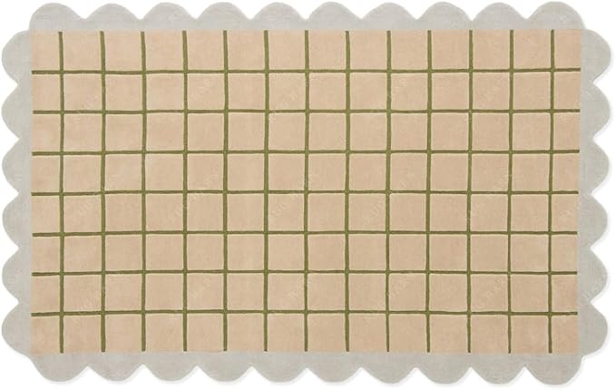 Scalloped Border Wool Area Rug with Windowpane Grid, Hand-Tufted, Beige-Blush with Sage Lines & Light Purple Edge - Soft High-Low Pile for Living Room, Bedroom, Nursery - 8x8 Ft (Round)