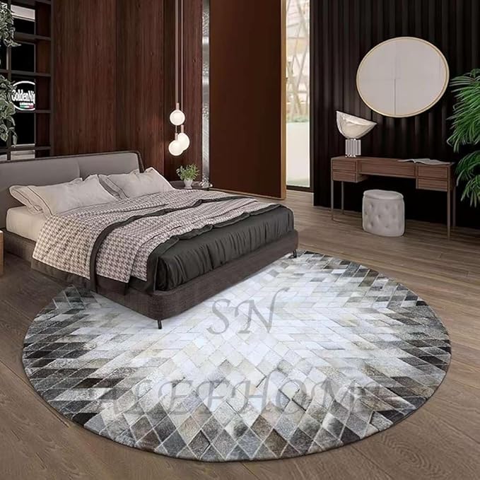 Cowhide Hairon Leather Round Rug, Geometric Patterned Circle Carpet for Living Room, Bedroom, Hall, Brown, 7×7ft