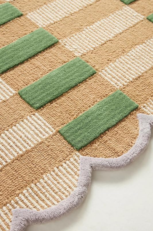 Handmade Scalloped Wool Area Rug - Modern Geometric Pattern, Green-Beige Stripes, Checkered Chevron Design - Soft, Durable Thick Carpet for Living Room, Bedroom (Green, 6' x 9')