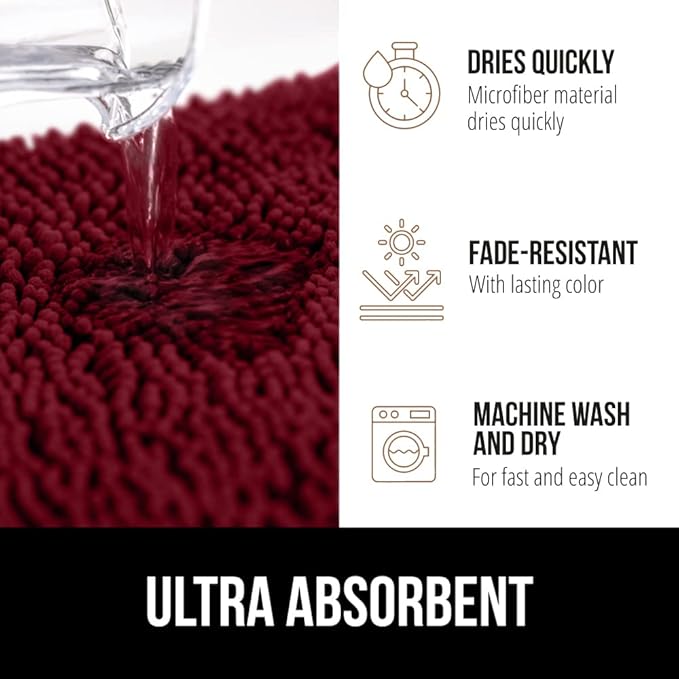 GORILLA GRIP Bath Rug Mat 30x20, Thick Soft Absorbent Chenille, Quick Dry Microfiber Mats, Rubber Backing Washable Shower Floor Rugs, US Designed Bathroom Bathmat Home Decor Accessories, Burgundy