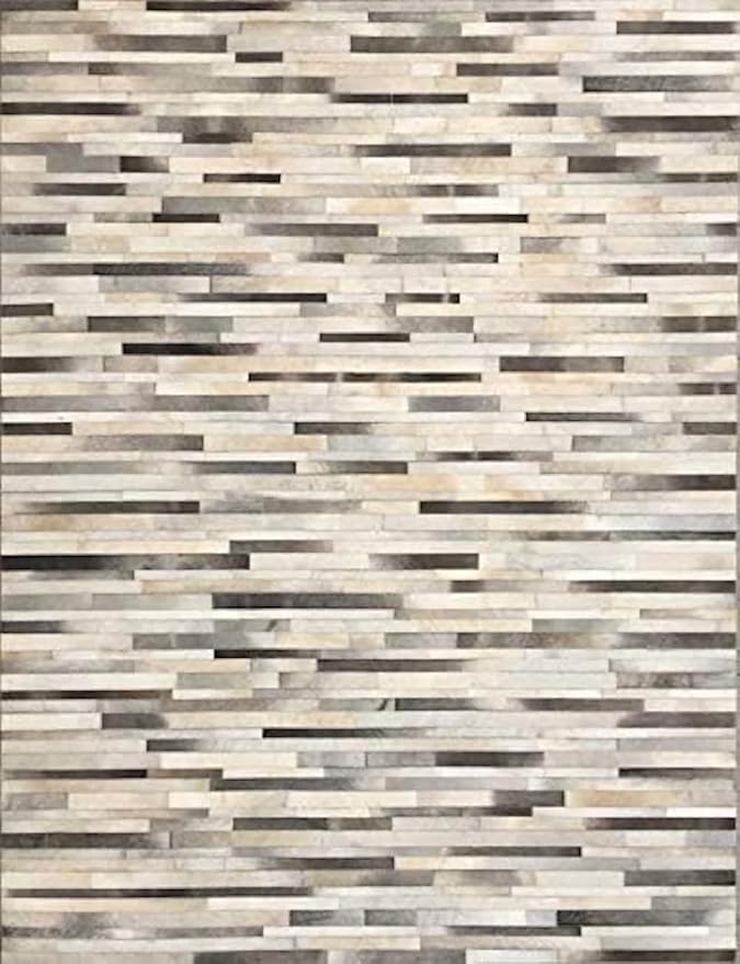 Cowhide Leather Rug for Living Room 9x12, Modern Stripes Style Floor Carpet, Washable Dark Grey Area Rug for Home Decor