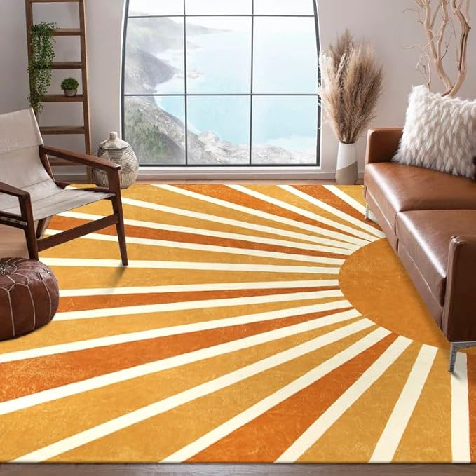 Lahome Rainbow Sun Area Rug: 8'x10' Ultra-Thin & Lightweight Machine Washable Non-Slip Rug with Boho Print for Living Room, Bedroom, Dining Room, Office, Nursery & Guest Room