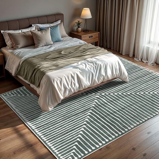 GLN Rugs Contemporary Collection - Machine Washable Area Rug, Contemporary Washable, Non Slip, Low Pile Chenille Rug, Living Room, Bedroom, Kitchen Rug (5' x 7' Beige Green)