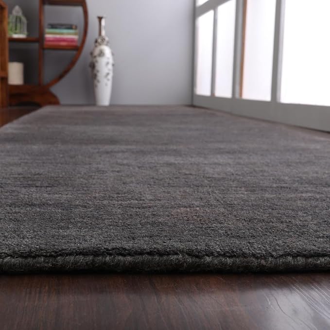 Hand Knotted Loom Wool ECO-Friendly Area Rugs - 2'6''x12', Runner, Charcoal Color, Solid Plain Design, High Pile Handmade Anti Skid Area Rugs for Living Room, Bed Room (L00111)
