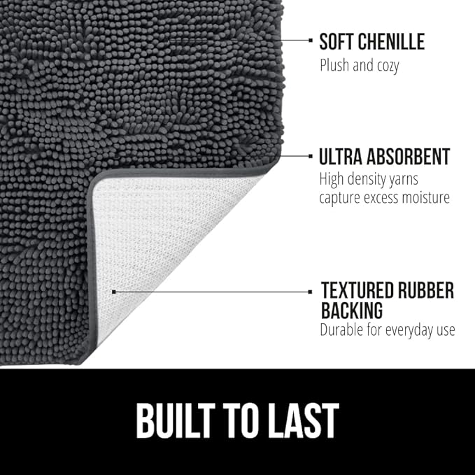 GORILLA GRIP Bath Rug Mat 30x20, Thick Soft Absorbent Chenille, Quick Dry Microfiber Mats, Rubber Backing Washable Shower Floor Rugs, US Designed Bathroom Bathmat Home Decor Accessories, Charcoal